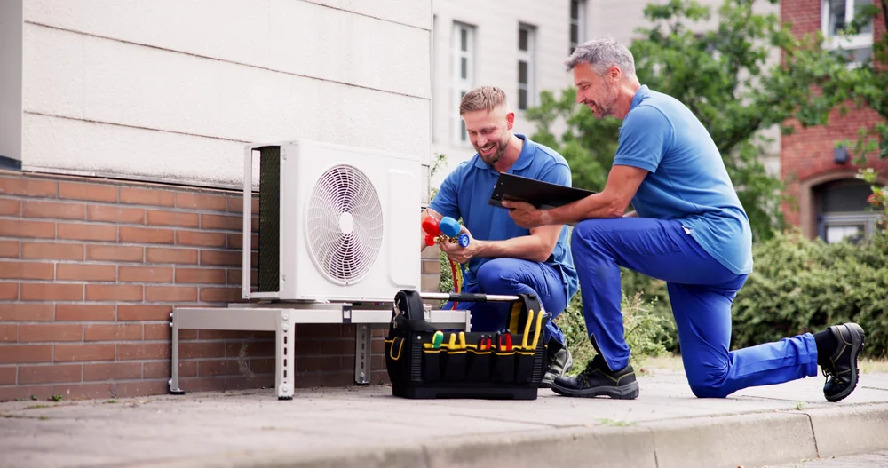 Two technicians in blue uniforms work on an outdoor air conditioning unit; one uses a tool while the other with a clipboard inspects, ensuring quality ac replacement in San Antonio, TX. A toolbox with various tools sits nearby on the ground.