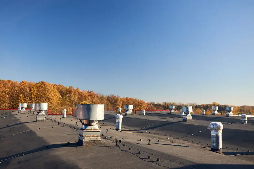 A flat industrial roof with multiple metal air vents under a clear blue sky. Autumn trees with golden leaves border the background.