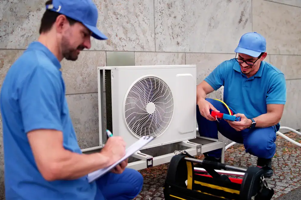 Two technicians in blue uniforms work on an outdoor air conditioning unit; one writes on a clipboard while the other handles colorful cables near a toolbox, both appear focused and engaged in their task.