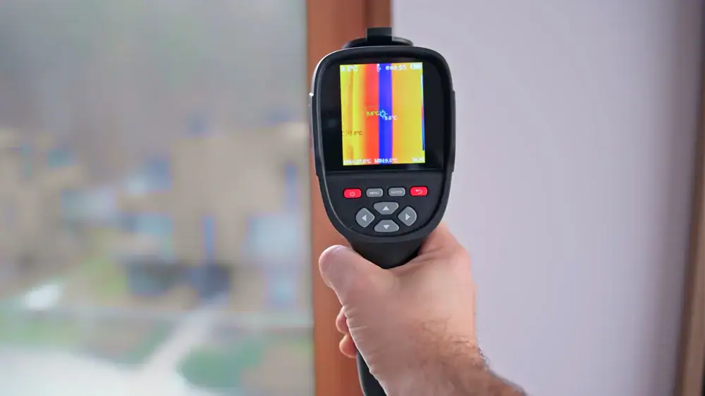A hand holds a thermal imaging camera pointed at a window, displaying a colorful heat map on the device&rsquo;s screen, likely showing temperature differences across the surface.