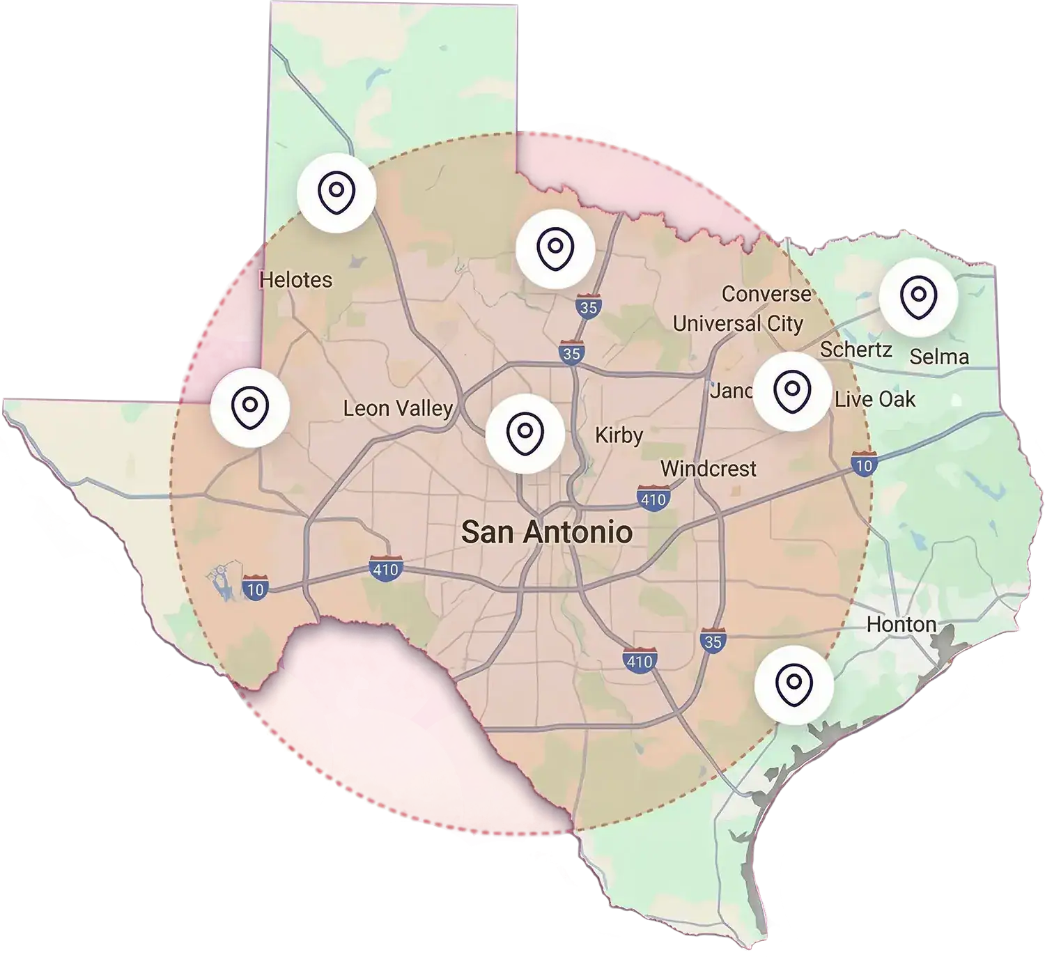 Texas Air Repair service area map showing San Antonio, Converse, Alamo Heights, Live Oak, Schertz, Helotes, and Fair Oaks Ranch